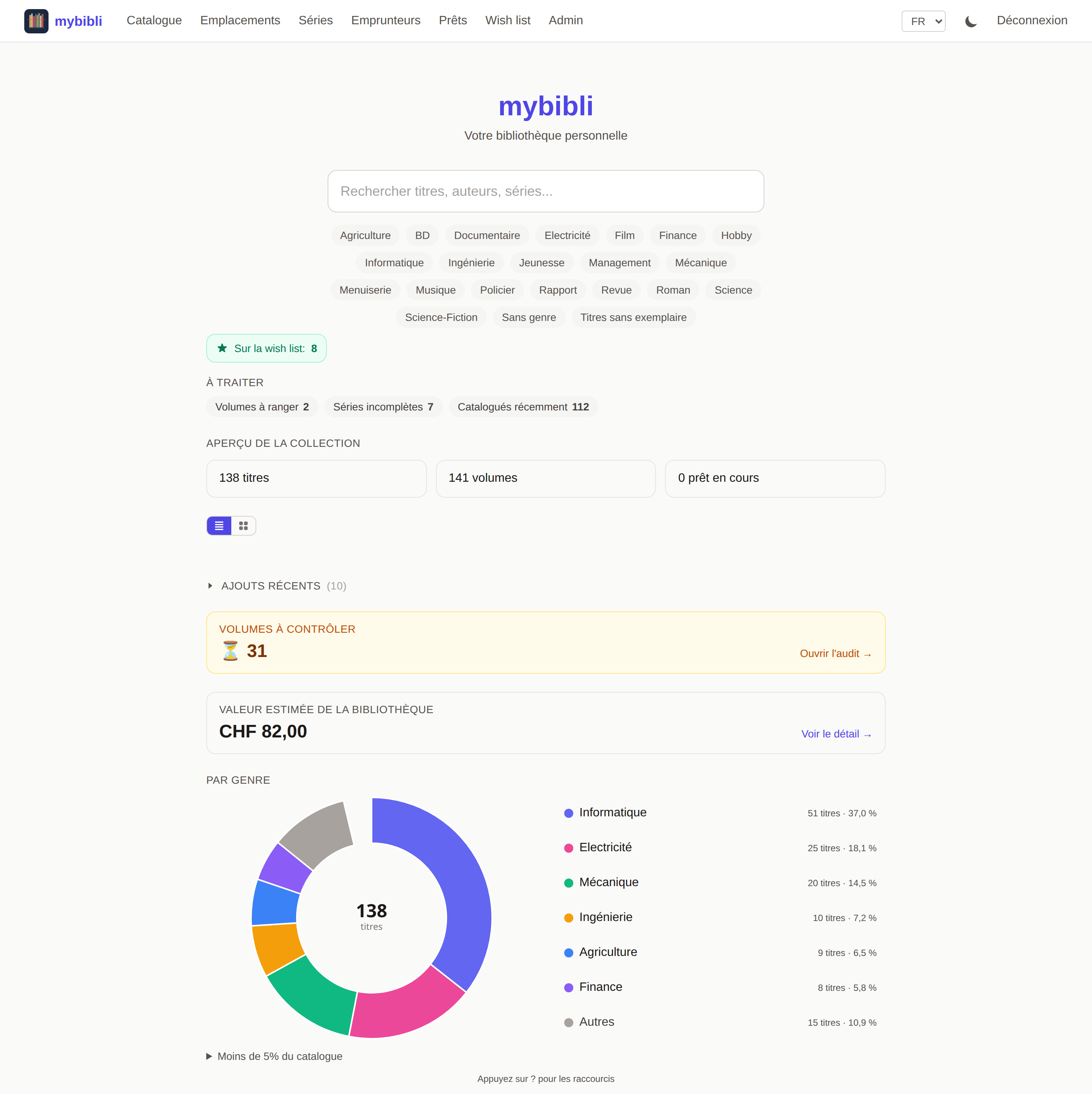 mybibli home page — search bar, genre filters, dashboard counters, and a recent-additions strip with cover thumbnails.