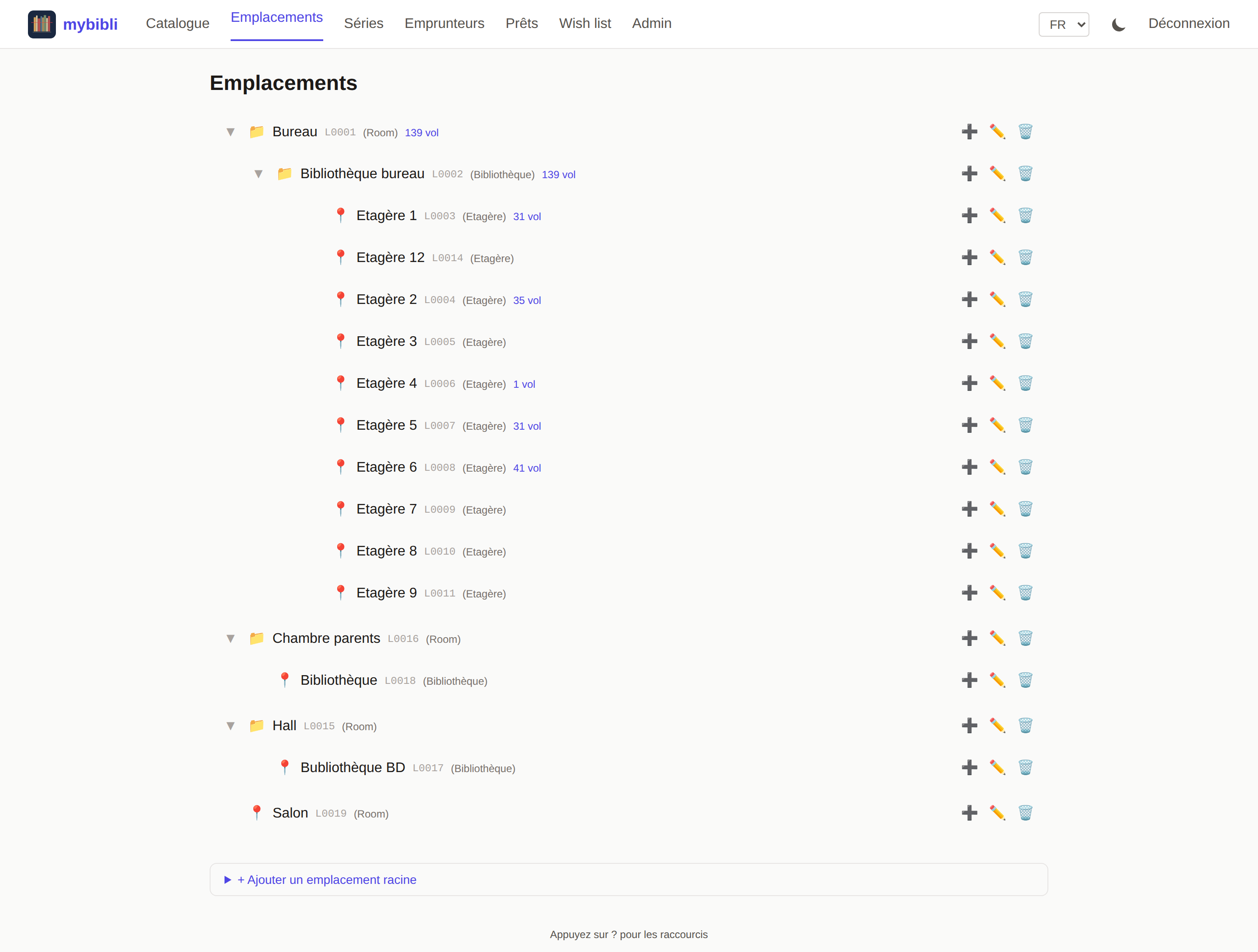 mybibli locations page — hierarchical tree of rooms, bookcases and shelves with per-node volume counts and edit/delete affordances.