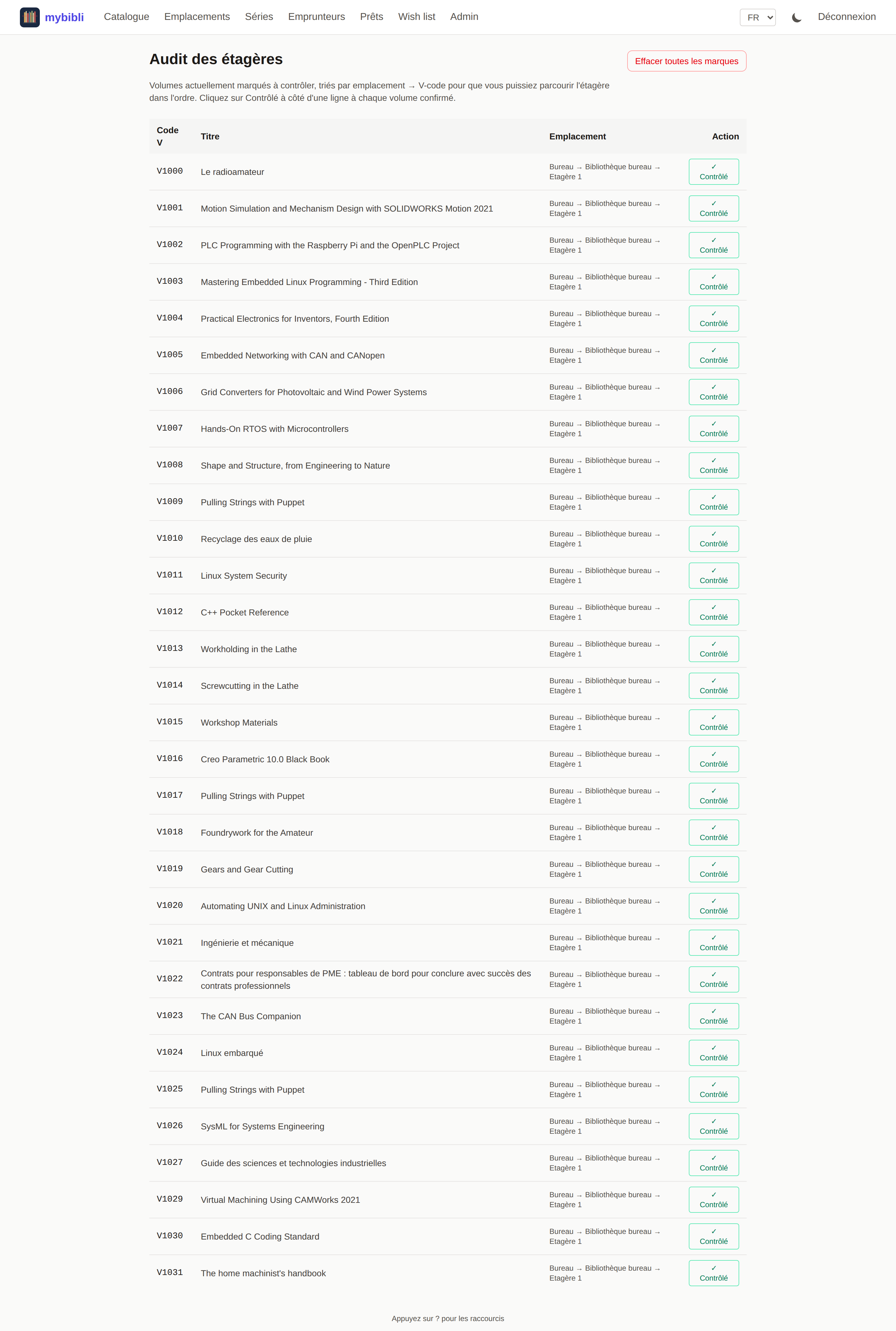 mybibli shelf-audit page — list of volumes flagged for physical verification, with resolved location and V-code per row.