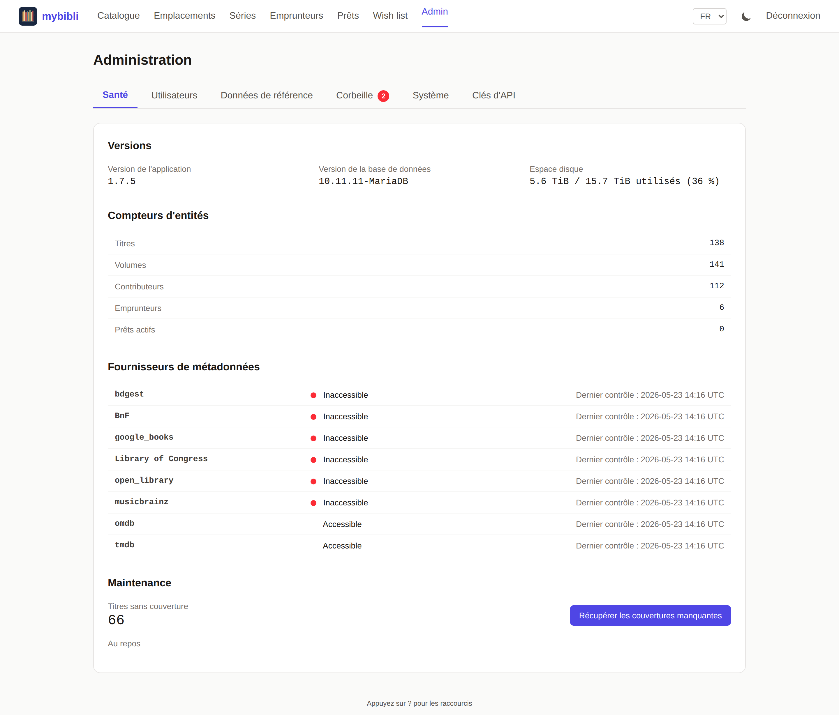 mybibli admin Health tab — entity counts, MariaDB version, disk usage, and per-provider reachability probes.
