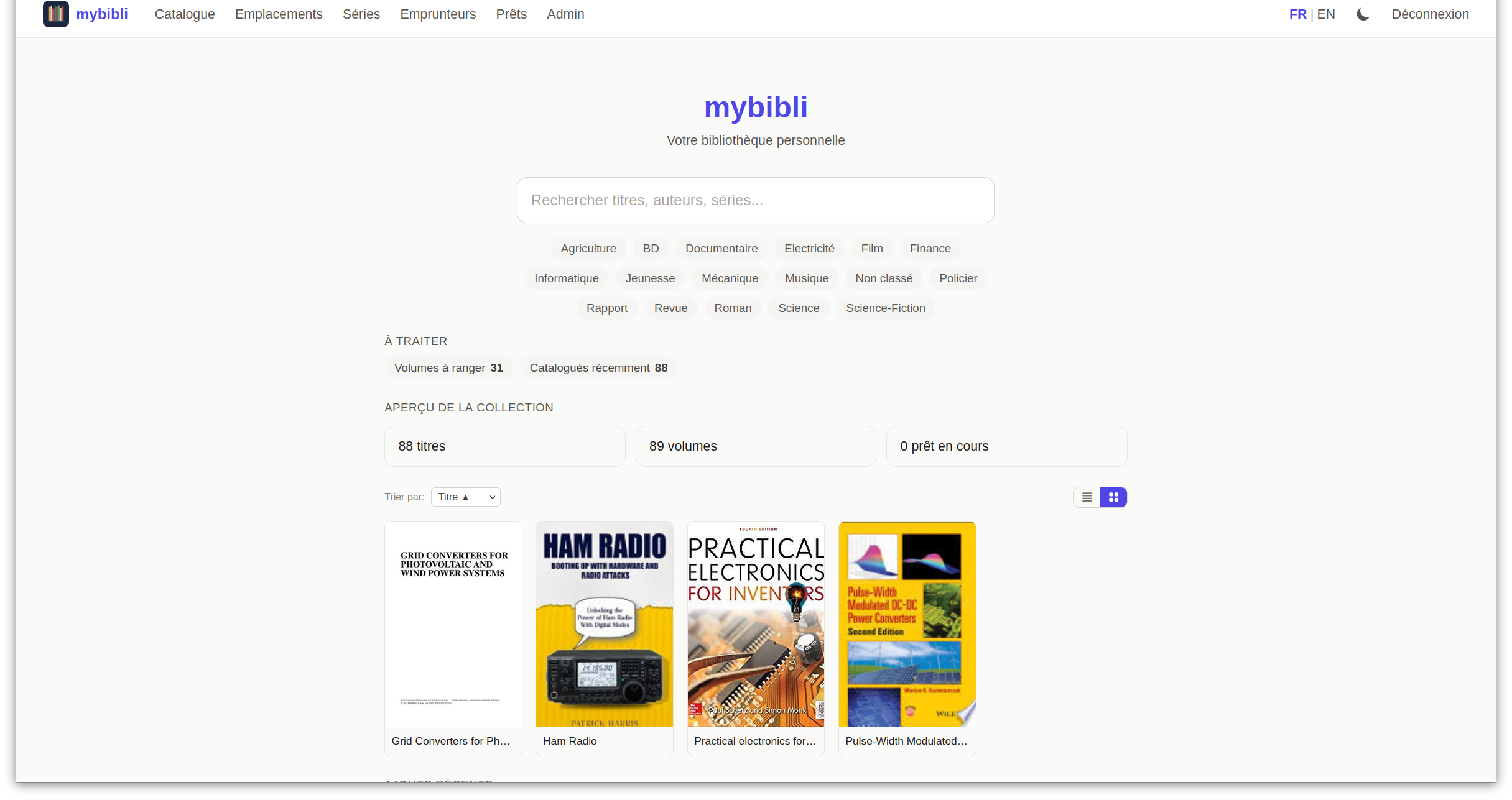 mybibli home page — search bar, genre filters, dashboard counters, and a recent-additions strip with cover thumbnails.